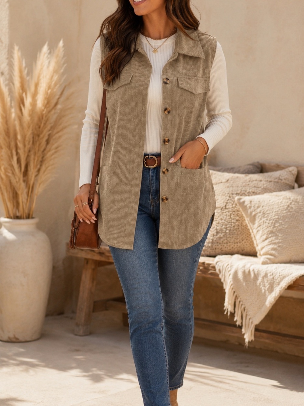 Corduroy Button-Front Long Vest in Taupe
